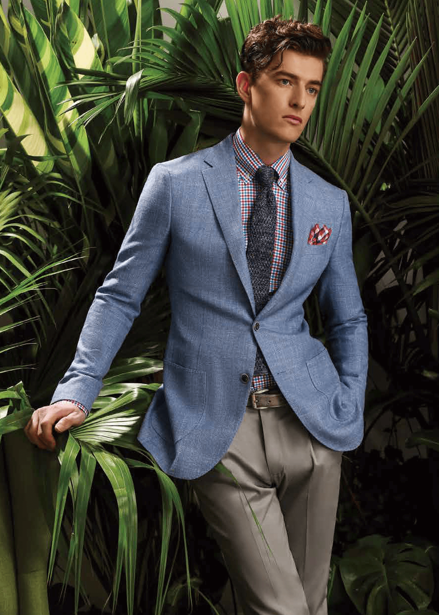 Jacket 60% Wool 18% Linen 18% Silk 4% Cashmere Sky Blue Solid Pant 97% Supima Cotton 3% Lycra Light Gray Solid