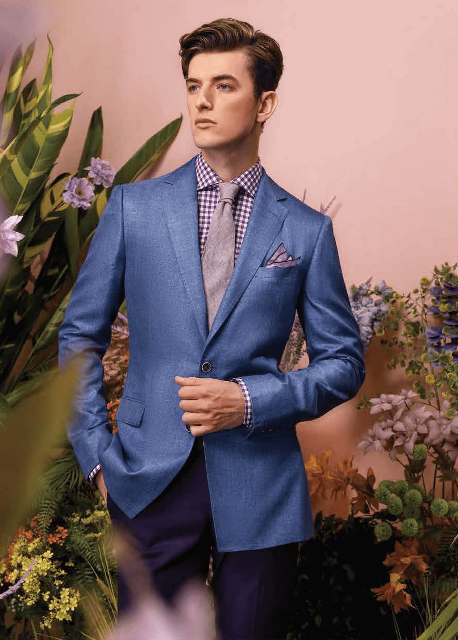 Jacket 100% Silk Blue Solid Pant 100% Wool Purple Solid
