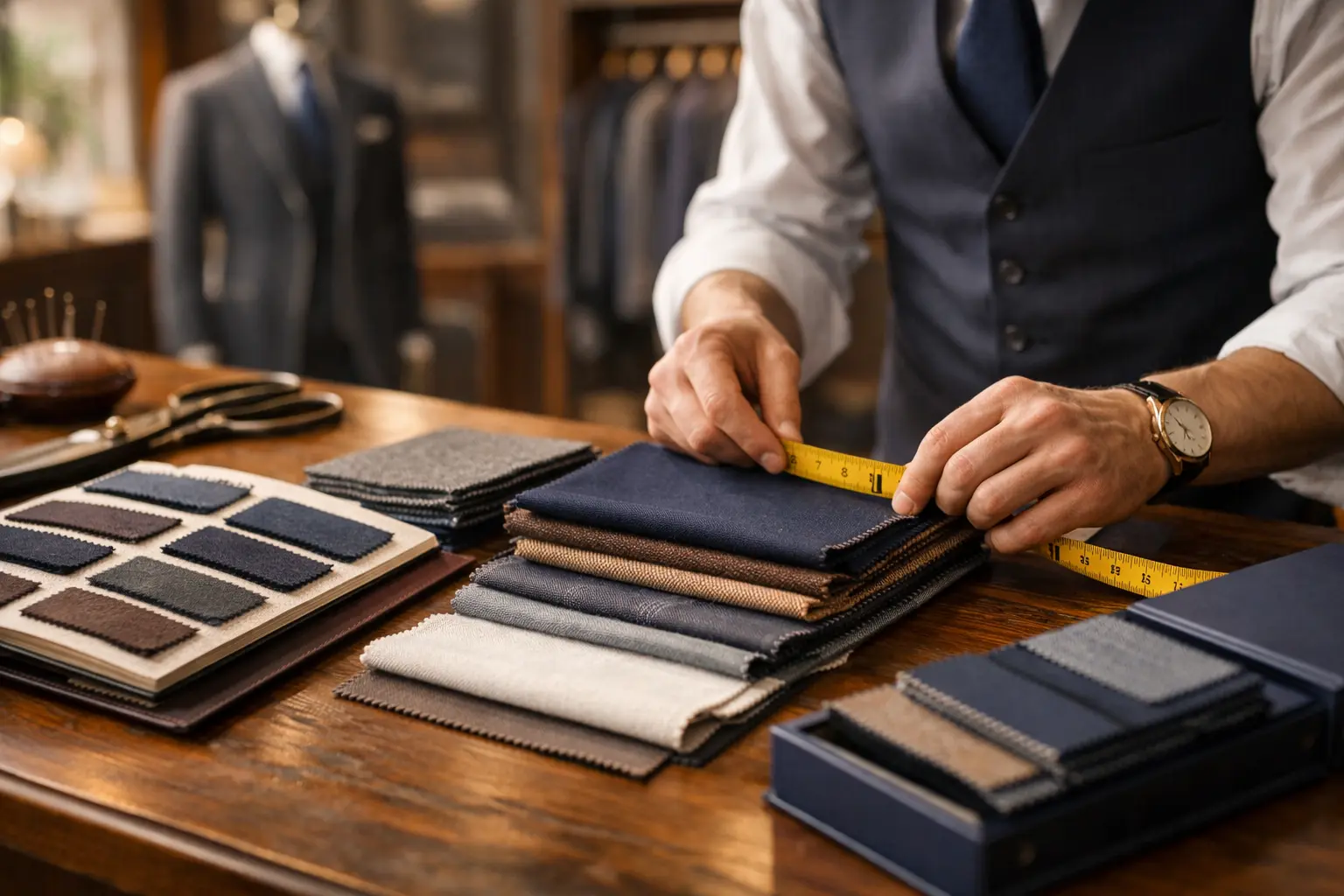 custom suit fabric selection in JBD Clothiers studio