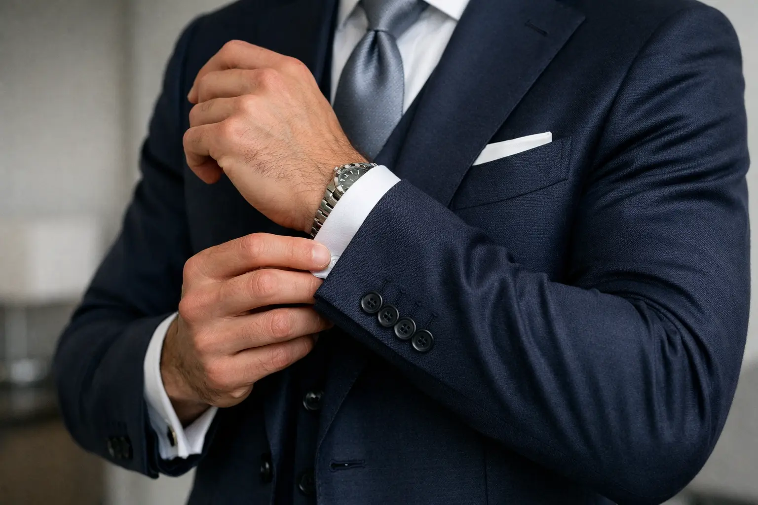 The strongest signal of authority is fit. A well-tailored suit improves posture, sharpens your silhouette, and creates structure.